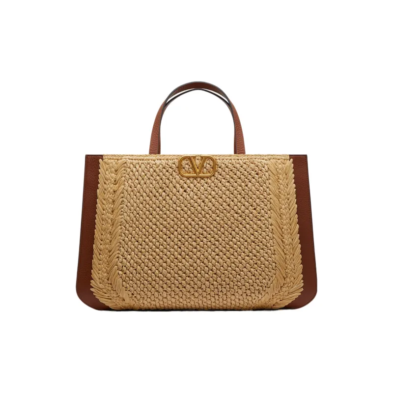 Valentino GARAVANIVlogo Raffia With Leather Handbag Women's Brown/Beige-0