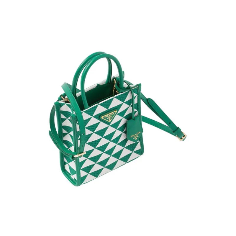 PRADA Symbole Fabric With Leather Tote Bag, Shopping Bag, Shoulder Bag, Crossbody Bag, Handbag Mini Women's Green/White-3