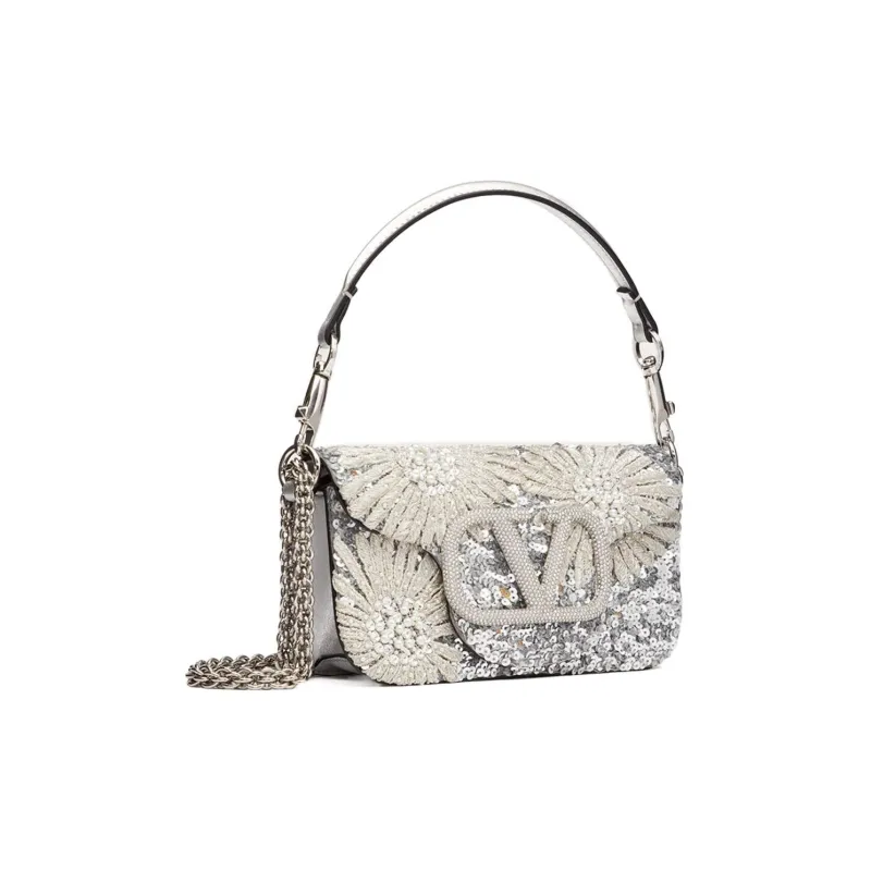 Valentino Locò Embroidery Portable Crossbody Bag Shoulder Bag Small Size Women's Silver-1