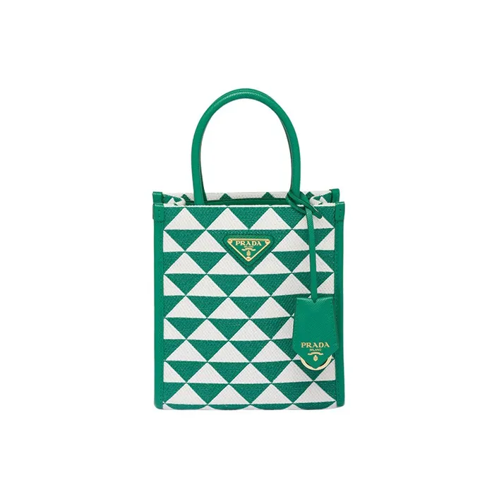 PRADA Symbole Fabric With Leather Tote Bag, Shopping Bag, Shoulder Bag, Crossbody Bag, Handbag Mini Women's Green/White-0