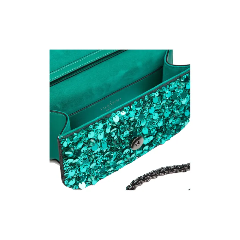 Valentino Locò Embroidered Patchwork Leather Trim Portable Crossbody Bag Shoulder Bag Small Size Women's Green-5