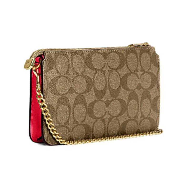 COACH POPPY Cow Leather Chain Bag Shoulder Bag Crossbody Bag Medium Size Women's Rose Red & Brown Monogram-1