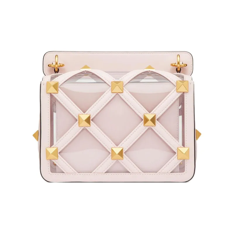 Valentino ROMAN STUD Leather Crossbody One Shoulder Handbag Medium Size Women's Transparent/Pink-2