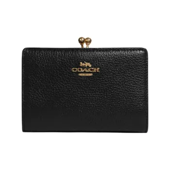 COACH Kisslock Leather With Pebbled Leather Wallet Medium Size Women's Black