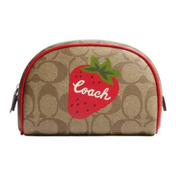 COACH Dome Leather Handheld Makeup Bag Small Size Women's Red & Brown