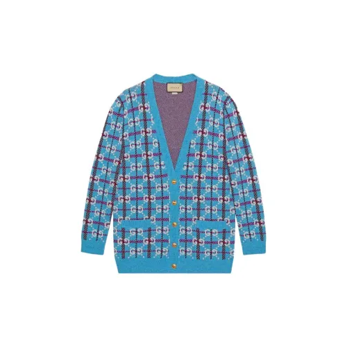 GUCCI Women Check Wool Cardigan Turquoise