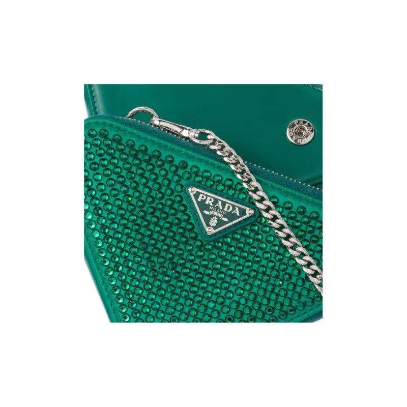 PRADA Embellished Satin And Leather Mini Pouch Mango-5