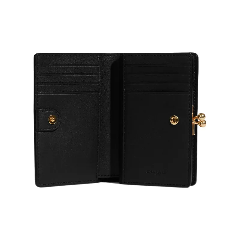 COACH Kisslock Leather With Pebbled Leather Wallet Medium Size Women's Black-1