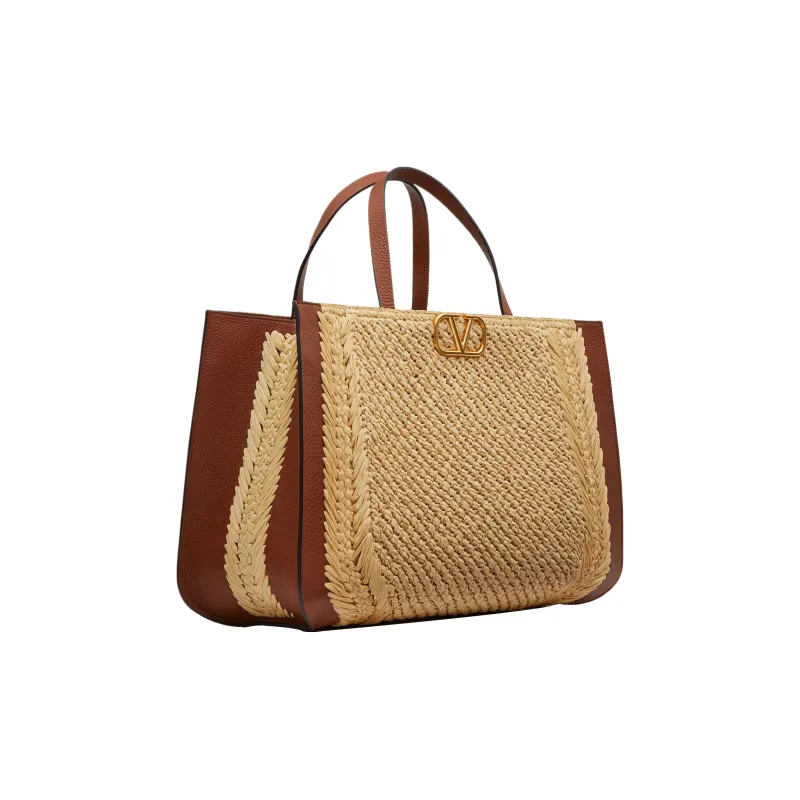 Valentino GARAVANIVlogo Raffia With Leather Handbag Women's Brown/Beige-1