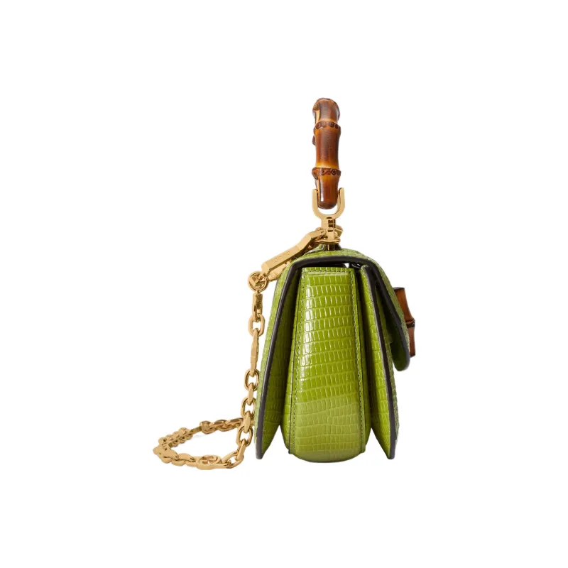 GUCCI Bamboo 1947 Cloud Pattern Fabric Crystal Lizard Trim Shoulder Bag Crossbody Bag Handbag Mini Women's Green-3