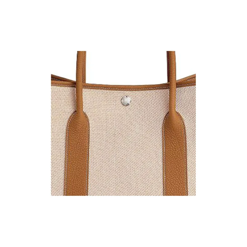 HERMES Garden Party Canvas With Negonda Calfskin One Shoulder Canvas Bag Handbag Unisex Light Beige/Apricot/Gold-3