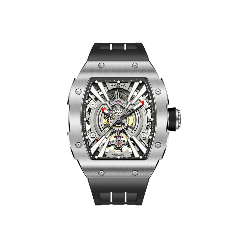HaofaTourbillon Arknights Series Automatic Mechanical Movement Rubber Strap Watch Men's Watches Silver Dial-0