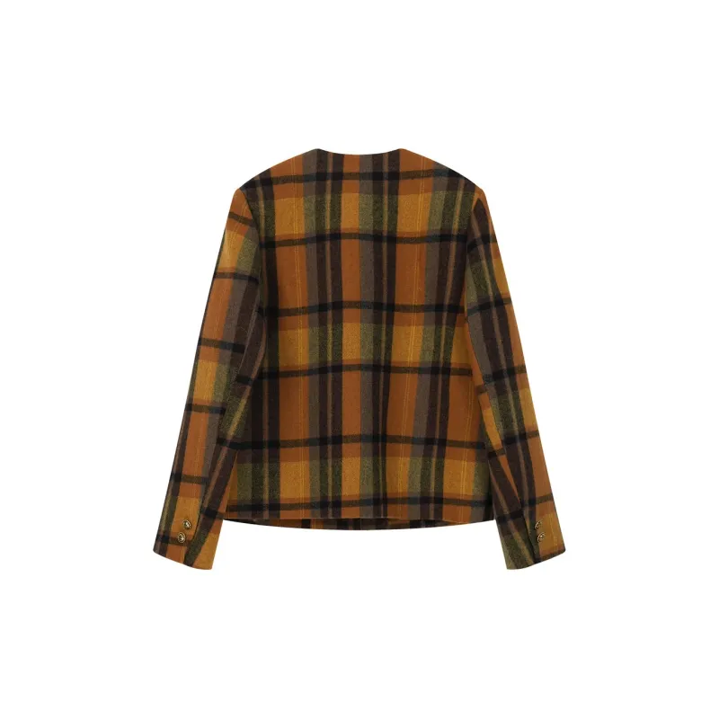 Guoeretro Jackets Women's Orange Brown Plaid-1