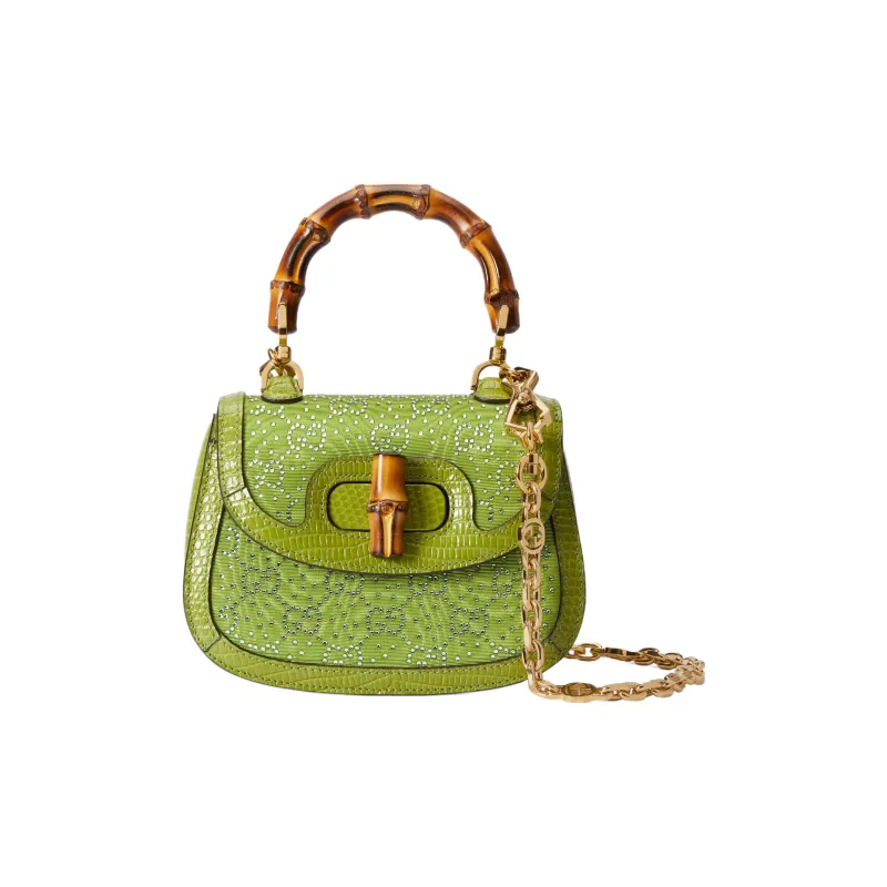 GUCCI Bamboo 1947 Cloud Pattern Fabric Crystal Lizard Trim Shoulder Bag Crossbody Bag Handbag Mini Women's Green-0