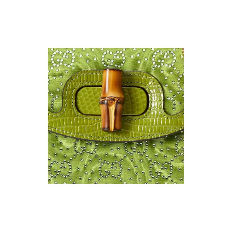 GUCCI Bamboo 1947 Cloud Pattern Fabric Crystal Lizard Trim Shoulder Bag Crossbody Bag Handbag Mini Women's Green-7