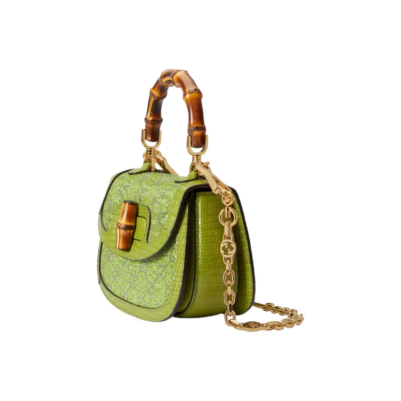 GUCCI Bamboo 1947 Cloud Pattern Fabric Crystal Lizard Trim Shoulder Bag Crossbody Bag Handbag Mini Women's Green-1