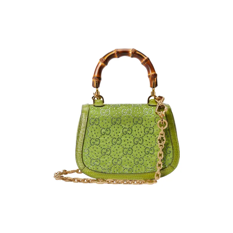 GUCCI Bamboo 1947 Cloud Pattern Fabric Crystal Lizard Trim Shoulder Bag Crossbody Bag Handbag Mini Women's Green-2