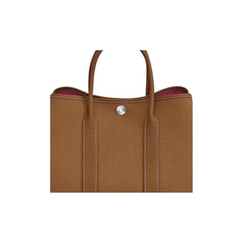 HERMES Garden Party Officier Canvas With Negonda Leather Handbag Unisex Gold Brown Inner & Rose Red-3