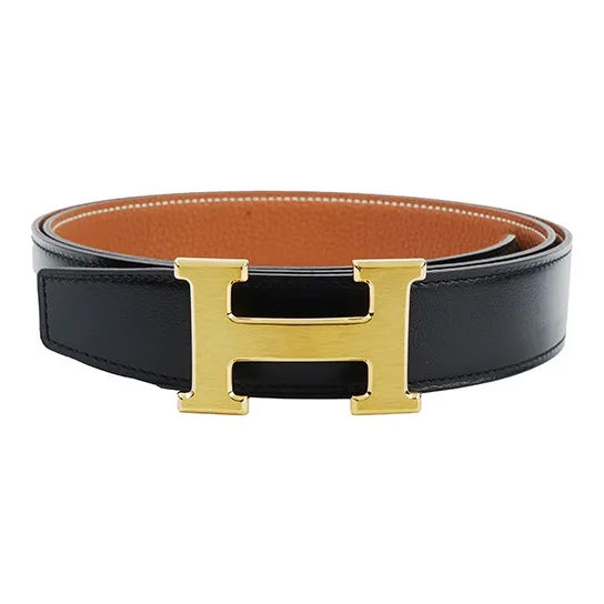 HERMES Cow Leather Belts Men's Black/Gold Width 3.2cm-1