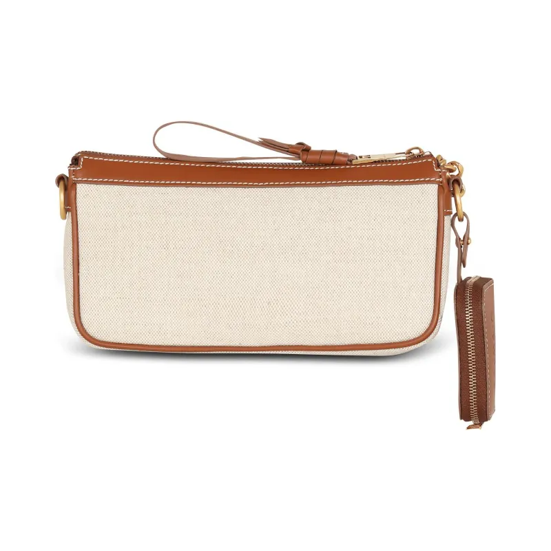 BALMAIN B ARMY Linen Calfskin With Cotton Canvas One Shoulder Crossbody Clutch Women's Brown/Beige-2