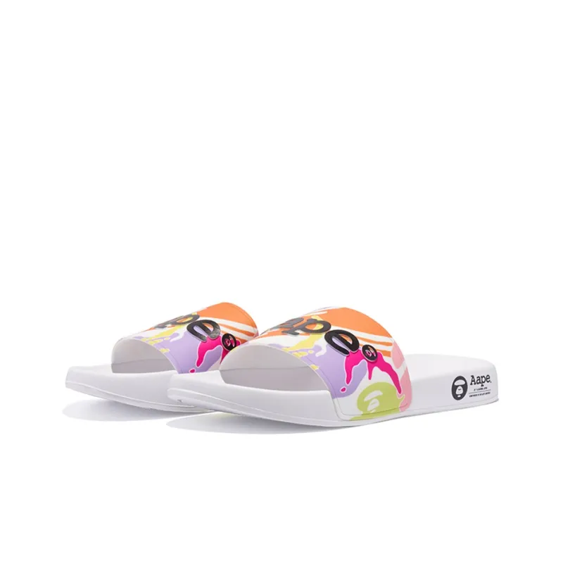 Aape Rubber Sole Quiet Quick Dry Slide Slippers Unisex White Orange-1