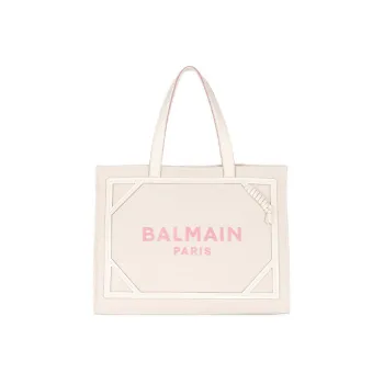 BALMAIN B-ARMY Calfskin With Cotton Tote Bag Shopping Bag Handbag Women's Ecru/Pink