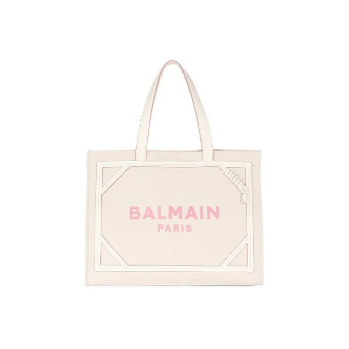 BALMAIN B-ARMY Calfskin With Cotton Tote Bag Shopping Bag Handbag Women's Ecru/Pink-0