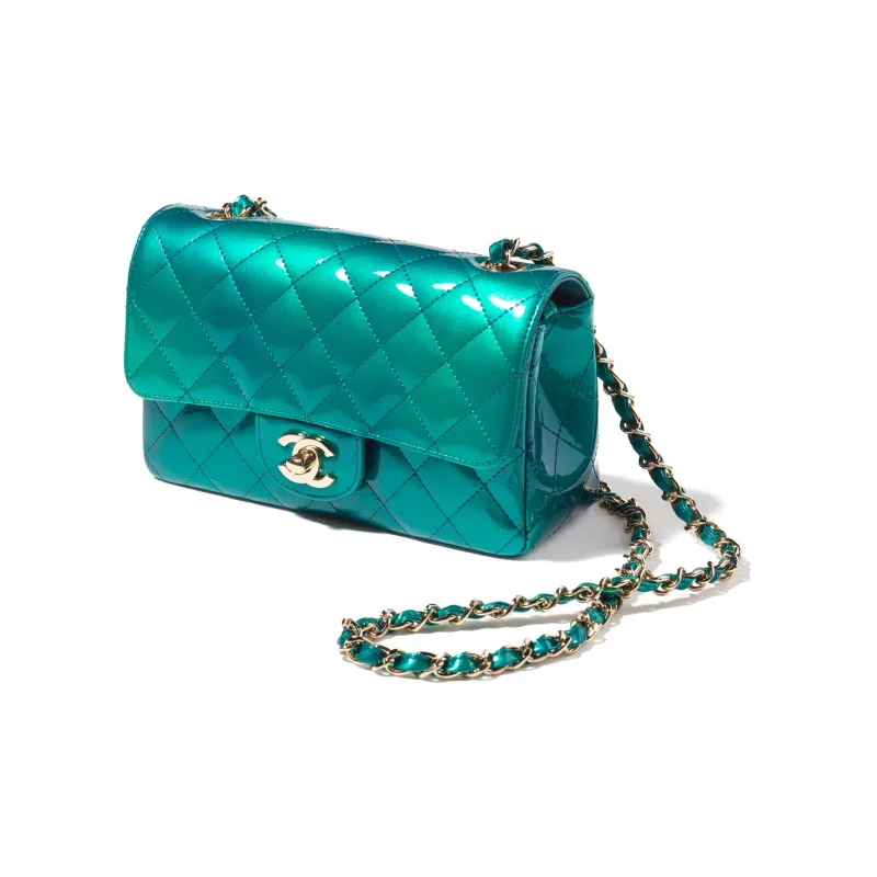 CHANEL Calf Patent Leather Flap Bag, Shoulder Bag, Crossbody Bag Mini Women's Green/Blue-1