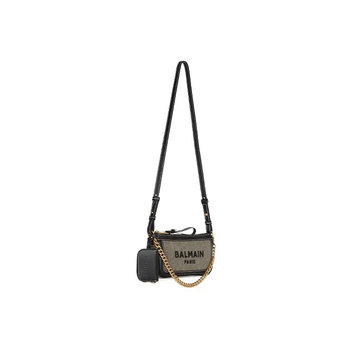 BALMAIN B ARMY Leather Patchwork Canvas One Shoulder Crossbody Clutch Handbag Women's Black/Khaki-1