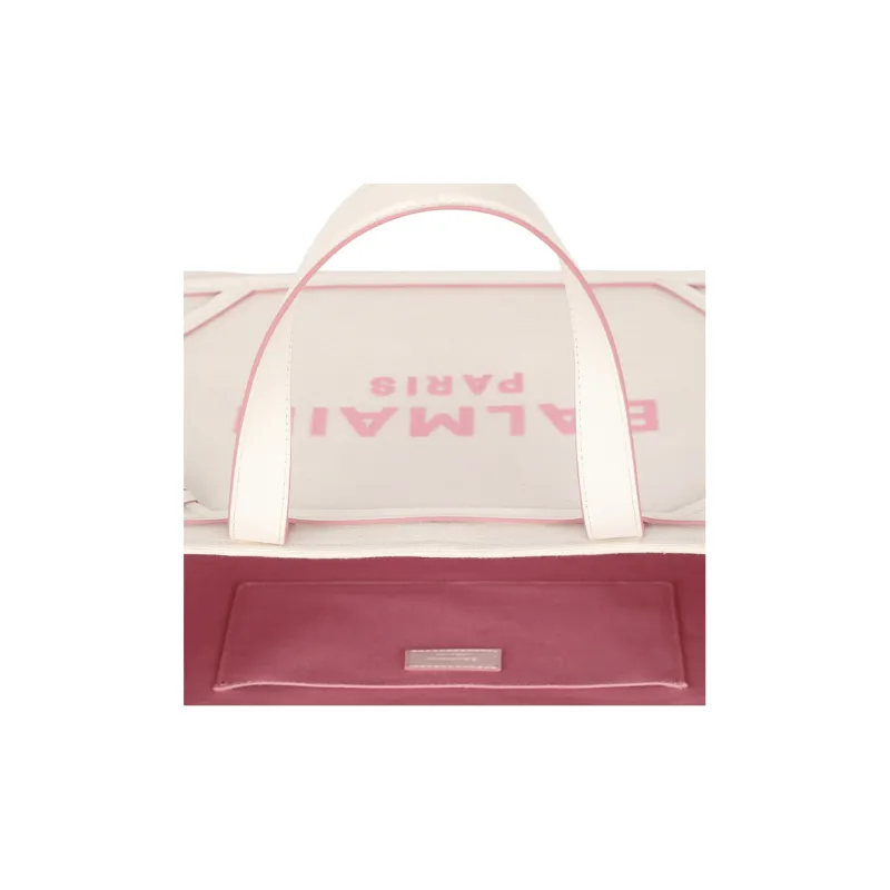 BALMAIN B-ARMY Calfskin With Cotton Tote Bag Shopping Bag Handbag Women's Ecru/Pink-5