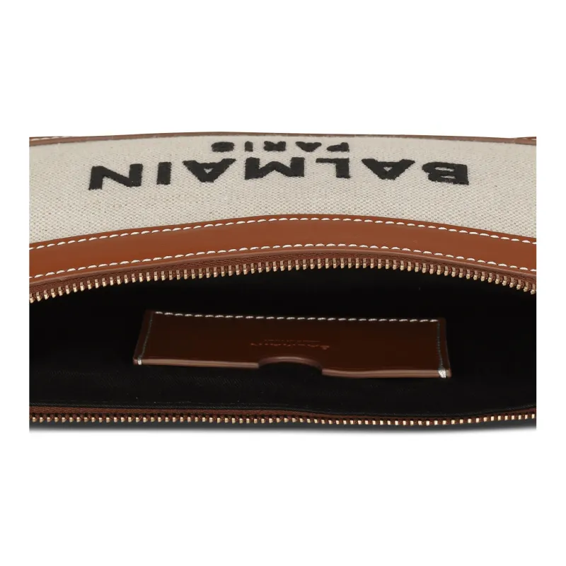 BALMAIN B ARMY Linen Calfskin With Cotton Canvas One Shoulder Crossbody Clutch Women's Brown/Beige-3