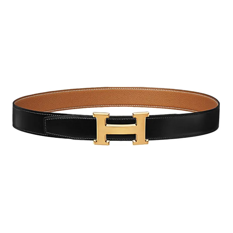 HERMES Cow Leather Belts Men's Black/Gold Width 3.2cm-2