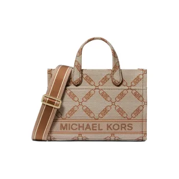 MICHAEL KORS Gigi Fabric Tote Bag Shopping Bag Shoulder Bag Handbag Small Size Women's Beige & Leather Brown