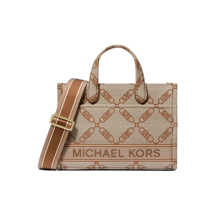 MICHAEL KORS Gigi Fabric Tote Bag Shopping Bag Shoulder Bag Handbag Small Size Women's Beige & Leather Brown-0