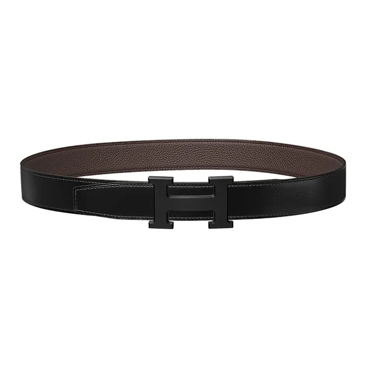 HERMES Togo Calfskin Leather Belts Men's Chocolate/Black Width  3.2cm-1
