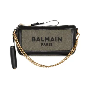 BALMAIN B ARMY Leather Patchwork Canvas One Shoulder Crossbody Clutch Handbag Women's Black/Khaki