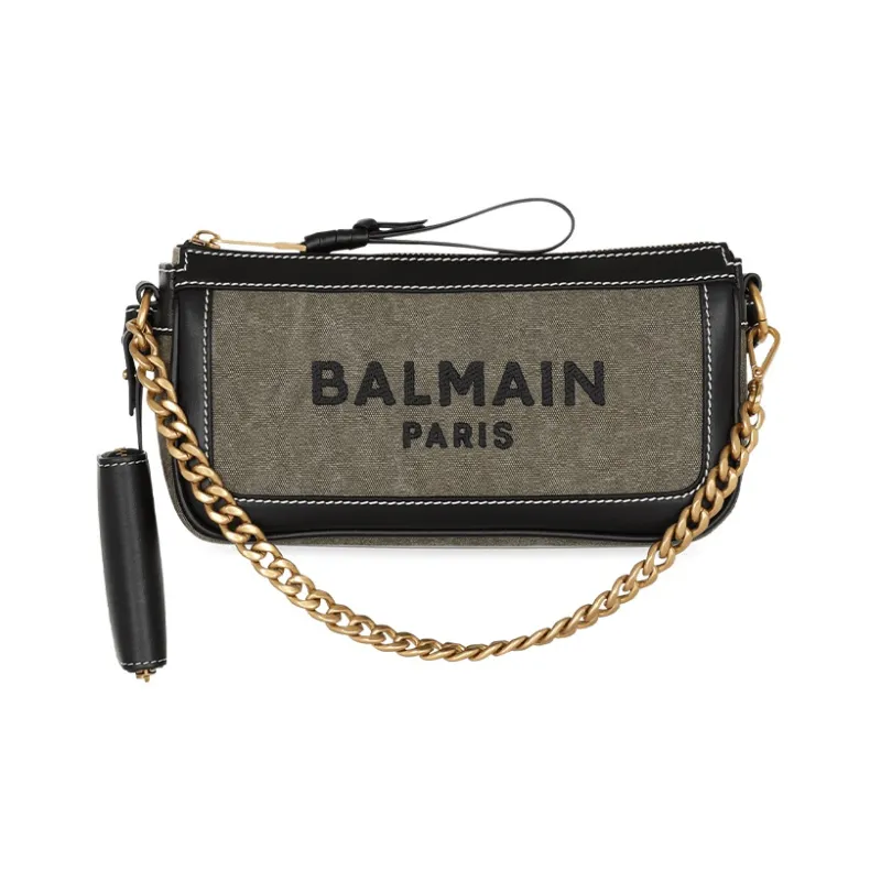 BALMAIN B ARMY Leather Patchwork Canvas One Shoulder Crossbody Clutch Handbag Women's Black/Khaki-0