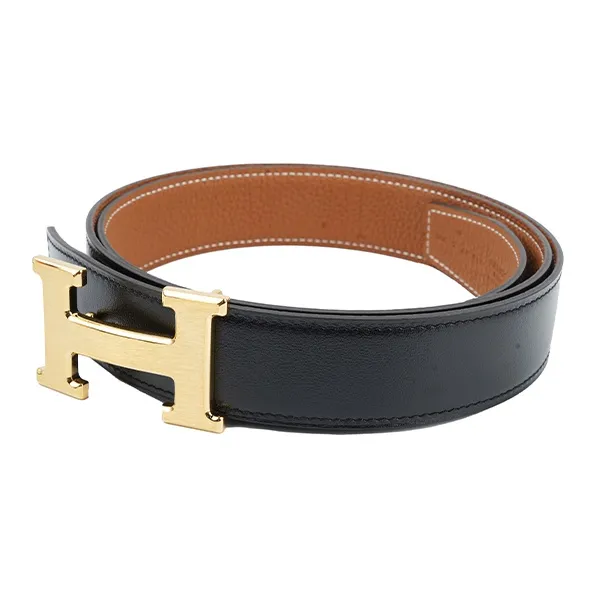 HERMES Cow Leather Belts Men's Black/Gold Width 3.2cm-4