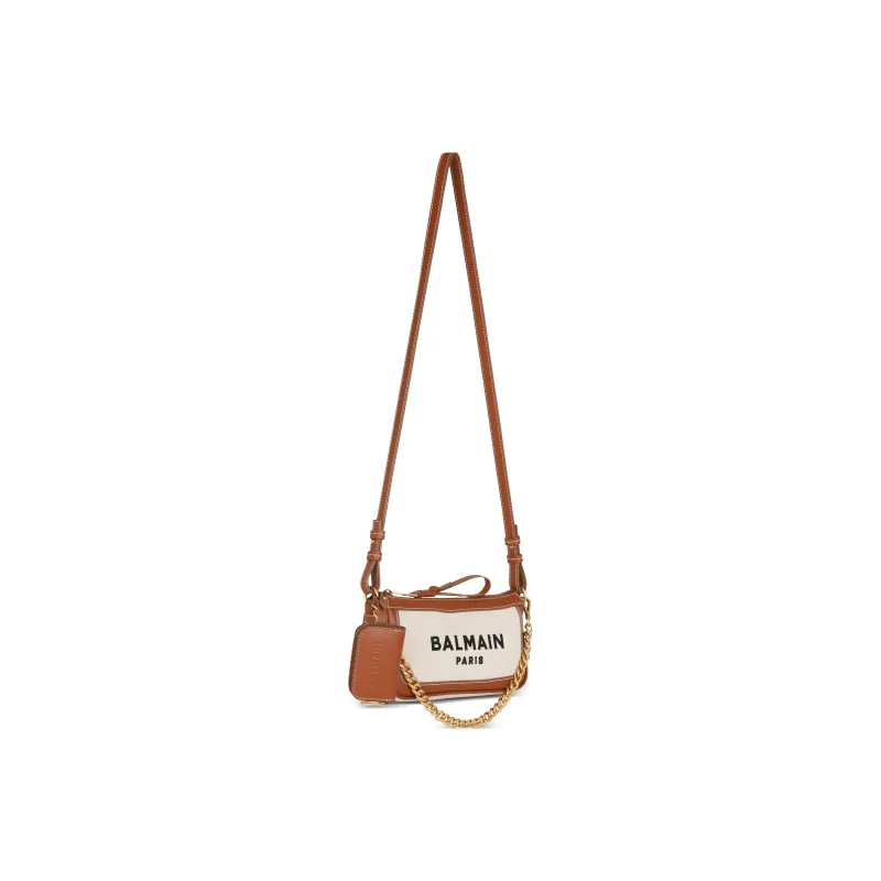 BALMAIN B ARMY Linen Calfskin With Cotton Canvas One Shoulder Crossbody Clutch Women's Brown/Beige-1