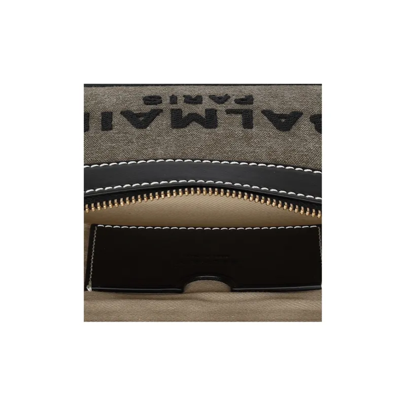 BALMAIN B ARMY Leather Patchwork Canvas One Shoulder Crossbody Clutch Handbag Women's Black/Khaki-5
