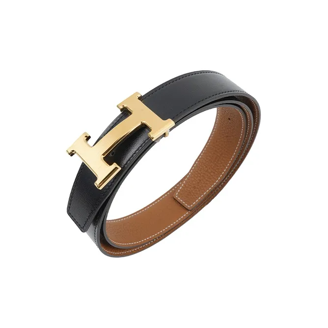 HERMES Cow Leather Belts Men's Black/Gold Width 3.2cm-3