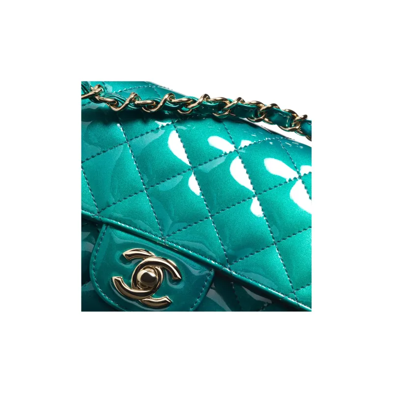 CHANEL Calf Patent Leather Flap Bag, Shoulder Bag, Crossbody Bag Mini Women's Green/Blue-3