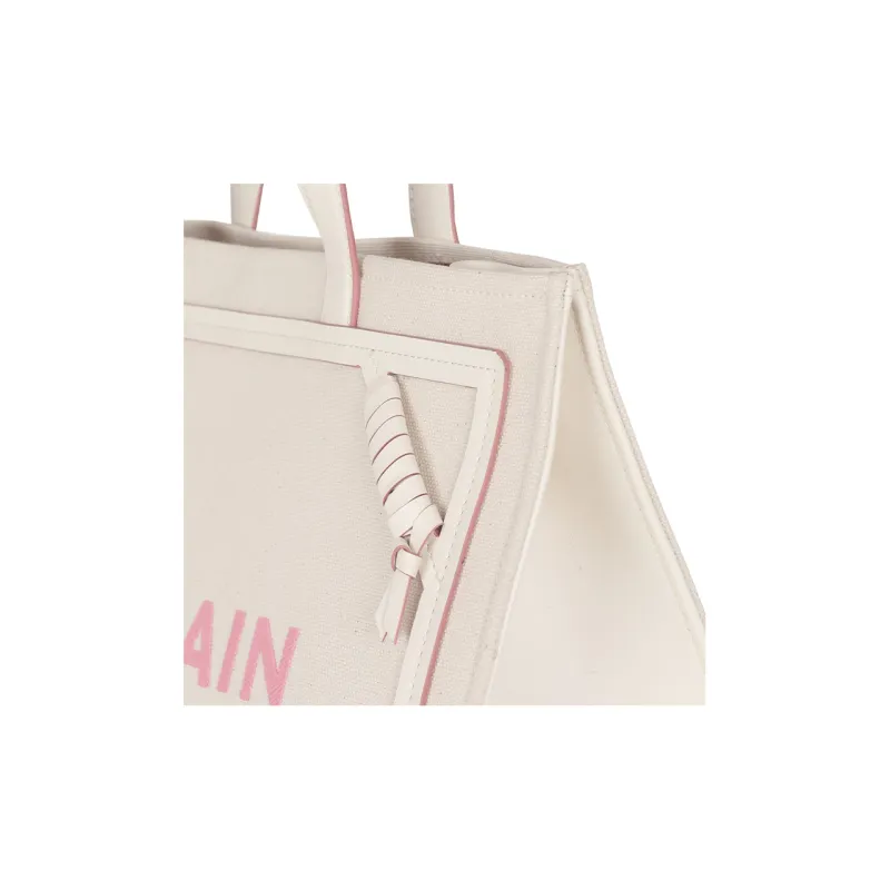 BALMAIN B-ARMY Calfskin With Cotton Tote Bag Shopping Bag Handbag Women's Ecru/Pink-4