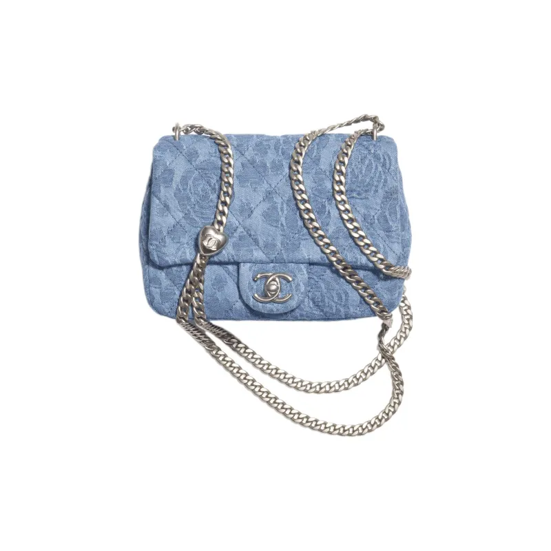 CHANEL 23P SS Denim Mini Square Flap Bag, Flap Bag, Shoulder Bag, Crossbody Bag Medium Size Women's Washed Blue-0