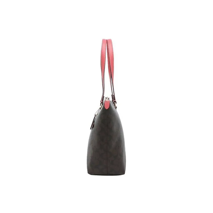COACH Gallery Coated Canvas With Leather Tote Bag Shopping Bag Handbag Shoulder Bag Women's Brown & Red-2