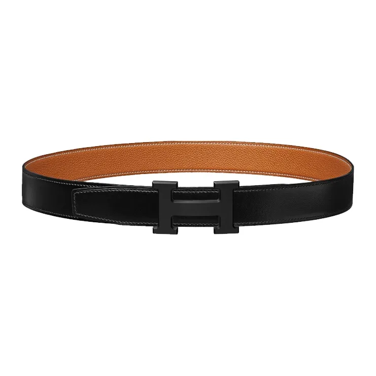 HERMES Constance Frosted Black Buckle Togo Calfskin Double Sided Leather Belt Men's Black/Gold Width 3.2cm-1