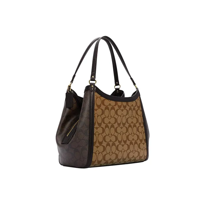 COACH Kristy Signature Coated Canvas With Smooth Leather Handbag Shoulder Bag Women's Khaki Brown-1