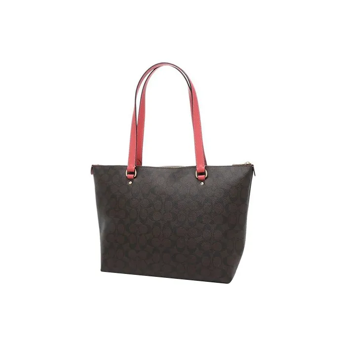 COACH Gallery Coated Canvas With Leather Tote Bag Shopping Bag Handbag Shoulder Bag Women's Brown & Red-3