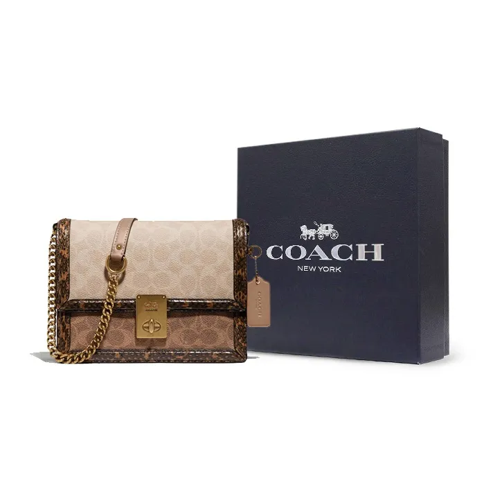 COACH Hutton Leather With Snake Skin With Coated Canvas Small Square Bag Shoulder Bag, Crossbody Bag Women's Brown-7