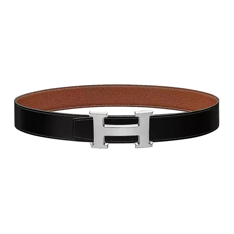 HERMES Classic Matte H Logo Silver Buckle Togo Calfskin Double-Sided Leather Belt Men's Black Brown Width: 3.2cm-1